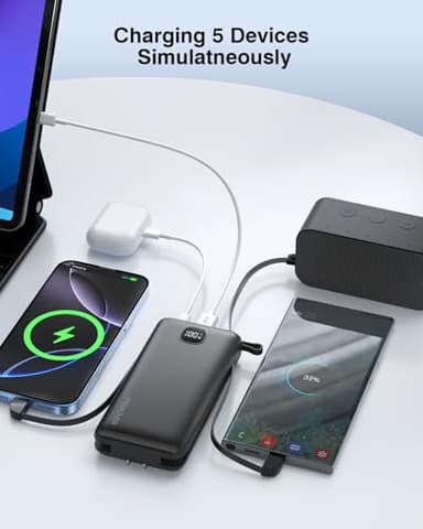 penaover Portable Charger with Built-in Cables&AC Wall Plug,5 Output 2 Input 20000mAh Power Bank,22.5W Fast Charging Battery Pack with LED Display,Compatible with iPhones,Android, Samsung etc,Black - Image 5