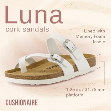 CUSHIONAIRE Luna Crossover Toe Strap Womens Sandals – Cork Footbed Slides with Adjustable Straps, Summer Sandals for Women 2025, WHITE 8 - Image 2