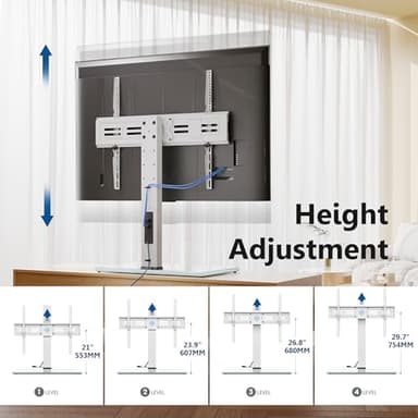 FITUEYES Universal TV Stand with Power Outlets for 50-85 inch TVs, Swivel&Height Adjustable Tall TV Stand for Bedroom Living Room, 27.5''Large Tempered Glass Base Holds up to 143 lbs, Ivory White - Image 5
