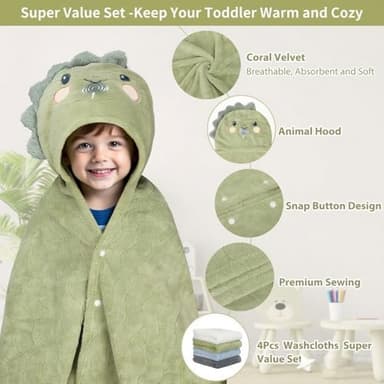 6 PCS Toddler Bath Towel Set for Boy Girl 0-5 Year, 2 PCS Thick Absorbent Hooded Baby Bath Towels Large 55" x 27.5" & 4 PCS Washcloths, Ultra Soft Gift for Infant, Toddler, Kids, Dinosaur & Elephant - Image 4