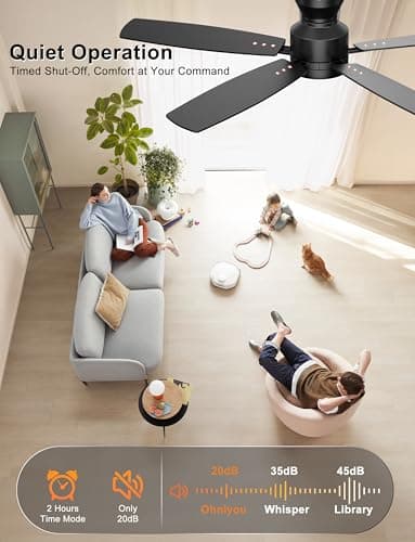 Ohniyou Ceiling Fans with Lights, 52'' Low Profile Ceiling Fan with Light and Remote/APP Control, Modern Flush Mount Ceiling Fan for Indoor Bedroom Living Room, Dimmable, Qiuet DC Motor, Black - Image 5
