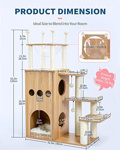 Made4Pets Modern Cat Tree for Large Cat, Wood Cat Tower Heavy Duty with Scratch Post for Indoor Big Cats, 51" Extra Tall Cat Condo Sturdy Frisco Castle with Clear Bowl for Kittens Maine Coon 20Lbs - Image 2