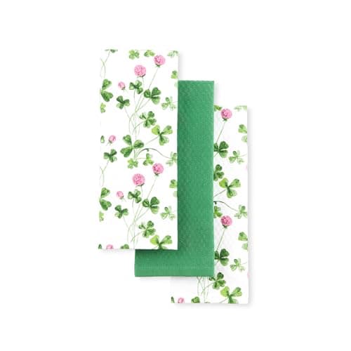 Martha Stewart Clover Meadow Kitchen Towel Set 3-Pack, Absorbent 100% Cotton, St. Patrick's Day, White/Green, 13"x17.5" - Image 1