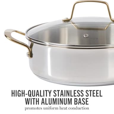 Martha Stewart Castelle 10 Piece 18/8 Durable Stainless Steel Induction Safe Pots and Pans Non-Toxic Kitchen Cookware Set - Gold Handles - Dishwasher Safe - Image 4