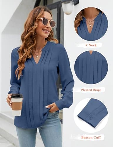 Blooming Jelly Women's Dressy Casual Blouses Business Work Tops Trendy Long Sleeve V Neck Flowy Pleated Shirts 2025 Fall Outfits (Grey Blue,Medium) - Image 2