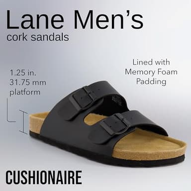 CUSHIONAIRE Lane Cork Footbed Mens Sandals, Adjustable Buckle Comfort Slides for Men, Genuine Leather Insole Summer Sandals Men Footwear, BLACK 9 - Image 2