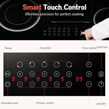 Pladeca 30 Inch Electric Cooktop, 5 Burner Electric Stove Top Touch Control, 8400W Built-in Ceramic Stovetop Burner 30" with Expandable Zone, Child Lock, Timer, Overheat Alert, 220-240v Hardwired - Image 9
