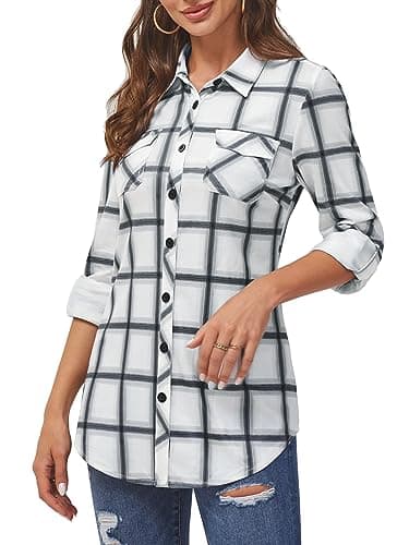 DJT Womens Soft Stretchy Knit Button Down Shirts for Women Roll Up Long Sleeve Going Out Tops Plaid Shirt Blouses Medium White Plaid - Image 2