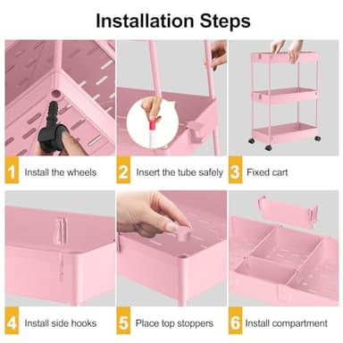SPACELEAD 3 Tier Rolling Cart with Wheels, Storage Craft Art Trolley Organizer Serving, 3 Hanging Baskets Easy Assembly, for Office, Living Room, Kitchen, Pink - Image 2