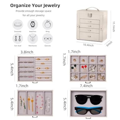 FEIYAN Large Jewelry Box,5-Tier PU Leather Jewelry Organizer with Lock,Multi-functional Storage Case with Mirror,Jewelry Organizer for Bracelets, Earrings, Rings, Necklaces (WHITE) - Image 3