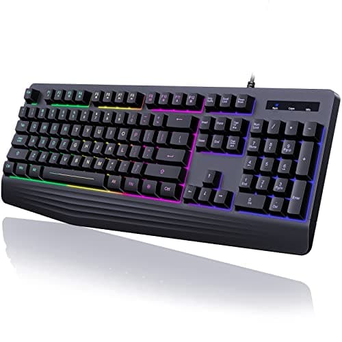 yesbeaut Gaming Keyboard, 7-Color Rainbow LED Backlit, 104 Keys Quiet Light Up Keyboard, Wrist Rest, Whisper Silent, Anti-ghosting Multimedia Keys, Waterproof USB Wired Keyboard for PC Mac Xbox - Image 1