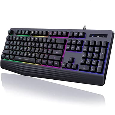yesbeaut Gaming Keyboard, 7-Color Rainbow LED Backlit, 104 Keys Quiet Light Up Keyboard, Wrist Rest, Whisper Silent, Anti-ghosting Multimedia Keys, Waterproof USB Wired Keyboard for PC Mac Xbox - Image 1