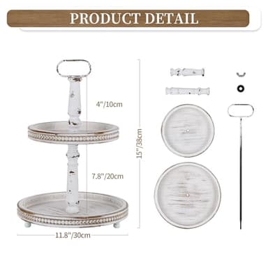 Hanobe Two Tiered Tray Stand: Farmhouse 2 Tier Easter Decorative Trays White Round Serving Wood for Home Decor Living Room Coffee Table Centerpieces Kitchen Gift - Image 5