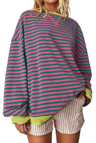 UEU Oversized Striped Sweatshirt for Women Casual Loose Fit Long Sleeve Crewneck Pullover Tops Pink Green Striped X-Large - Image 1