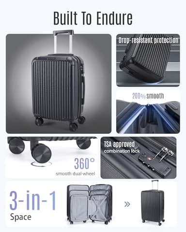 LIGHT FLIGHT Travel Luggage Sets, 3 Piece Set Suitcase with Spinner Wheels, Hardside Lightweight Luggage set with TSA Lock (20" 24" 28"), Black - Image 2