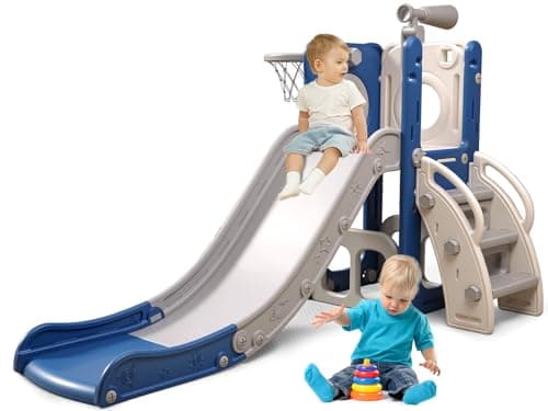 Baotree 6 in 1 Toddler Playset with Slide, Kids Slide with Basketball Hoop, Ball, Ring Toss, Indoor Outdoor Toys (White Blue) - Image 1
