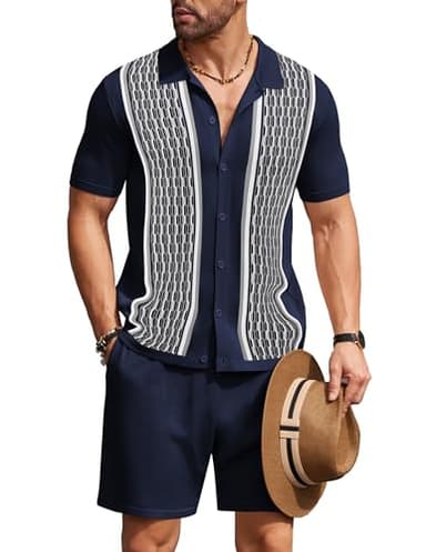 COOFANDY Men's Short Sleeve Knitted Set 2 Piece Vintage Polo Outfits Button Down Casual Suit - Image 1