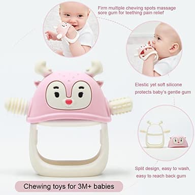 Smily Mia Teething Toys for Babies 0-12 Months, Penguin and Reindeer Baby Gift Set, Chew Toys 3M+, Hand Teether Set, Light Pink - Image 7