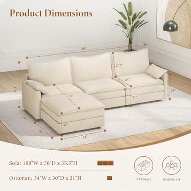 Vesgantti 108" Modular Sectional Sofa, Comfy Cloud Couch with Movable Ottoman Deep Seat Chenille L Shaped Modular Sofa, Sectional Couches for Living Room, Bedroom and Apartment, Beige - Image 2