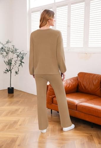 VamJump Women's Two Piece Knit Outfits Lounge Sets Long Sleeve V Neck Sweater Wide Leg Pants Sweatsuit Sets, Khaki XL - Image 5