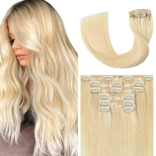 UGOTRAYS Platinum Blonde Clip in Hair Extensions - 22 Inch 115g 7pcs Platinum Blonde 100% Hair Extensions Real Human Hair Straight #60 Extensions Clip in - Image 1