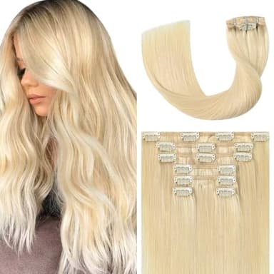 UGOTRAYS Platinum Blonde Clip in Hair Extensions - 22 Inch 115g 7pcs Platinum Blonde 100% Hair Extensions Real Human Hair Straight #60 Extensions Clip in - Image 1