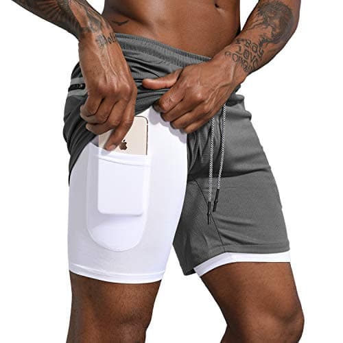 Leidowei Men's 2 in 1 Running Sports Shorts Quick Drying Breathable Short with Built-in Pocket Compression Dark Grey L - Image 1