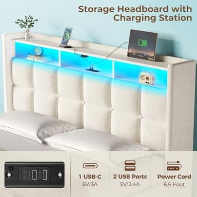Rolanstar Bed Frame Full Size with Lift Up Storage, Charging Station & LED Lights, Upholstered Storage Headboard, Heavy Duty Wooden Slats, No Box Spring Needed, Noise Free, Easy Assembly, Beige - Image 5