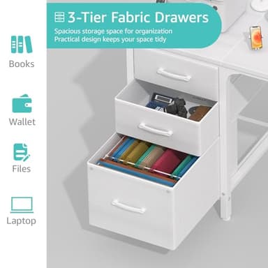 Lufeiya White Desk with Fabric File Drawers Cabinet, 47 Inch Reversible Computer Desk with Filing Cabinet for Bedroom Small Space Home Office, Modern Writing Table PC Desks, White - Image 6