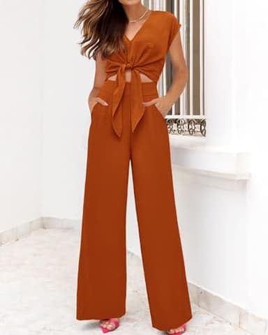 PRETTYGARDEN Women 2 Piece Sets 2025 Sexy Sleeveless V Neck Tie Waist Crop Tops Palazzo Pants Set Casual Lounge Wear(Solid Brown Orange,Small) - Image 6