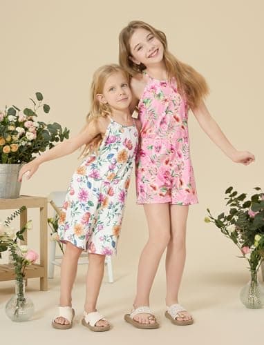PATPAT Girls Rompers Size 9-10 White Pink Floral Print 2 Pack Rompers For Girls Sleeveless Halter Neck Wide Leg One Piece Spaghetti Strap Jumpsuits Shorts Spring Outfits Tropical Jumpsuits - Image 6