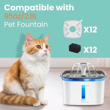 24 Pcs Cat Fountain Replacement Filters 12 Pack Cat Water Fountain Replacement Filters with 12 Pack Pre-Filter Sponges, Pet Fountain Filter Fit for 95oz/2.8L Automatic Pet Fountain Cat Water Fountain - Image 2