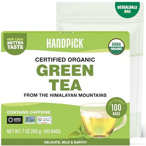 HANDPICK, Organic Green Tea Bags - 100 Eco-Friendly Tea Bags | USDA Organic | Resealable Pack for Freshness | Delicate & Flavory | Direct From India - Image 1