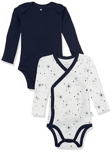 HonestBaby Side Snap and Long Sleeve Bodysuit 100% Organic Cotton for Infant Baby Boys, Girls, 2-Pack Jumbo Twinkle Navy, Newborn - Image 1