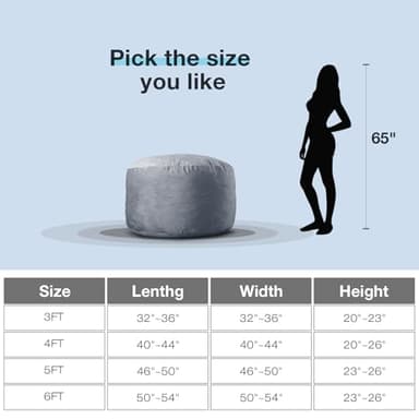 WhatsBedding Large Bean Bag Chair: 4 ft Memory Foam for Adults/Kids, with Fillings. Soft Faux Fur Fabric - Dutch Velvet, Grey, 4 Foot Bean Bag - Image 2