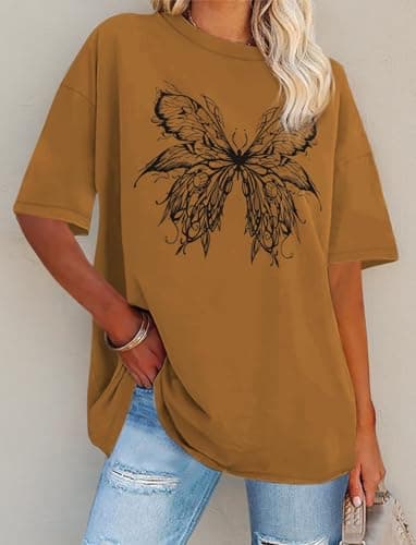 Womens Oversized Tshirt Graphic Tees Crew Neck Summer Short Sleeve Loose Fit Tops(Brown Butterfly, XXL) - Image 8