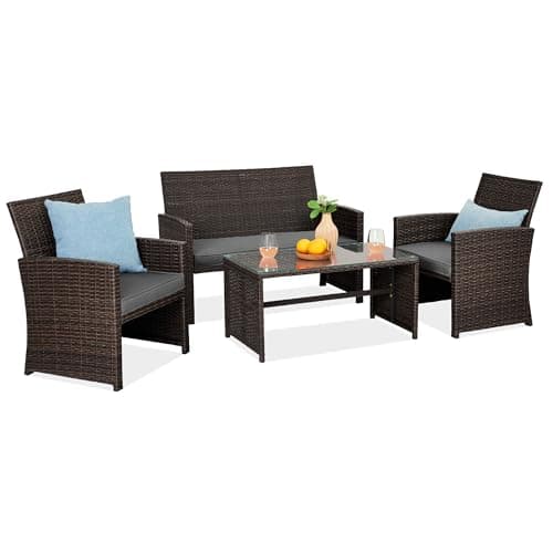 Best Choice Products 4-Piece Outdoor Wicker Patio Conversation Furniture Set for Backyard w/Coffee Table, Seat Cushions - Brown/Stone Gray - Image 1