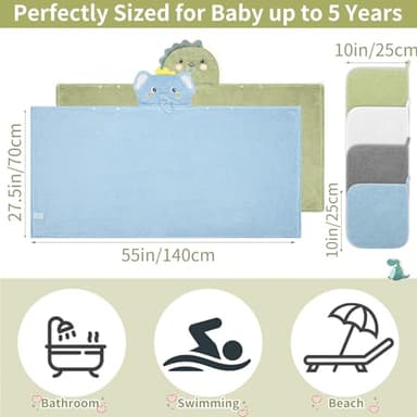 6 PCS Toddler Bath Towel Set for Boy Girl 0-5 Year, 2 PCS Thick Absorbent Hooded Baby Bath Towels Large 55" x 27.5" & 4 PCS Washcloths, Ultra Soft Gift for Infant, Toddler, Kids, Dinosaur & Elephant - Image 2