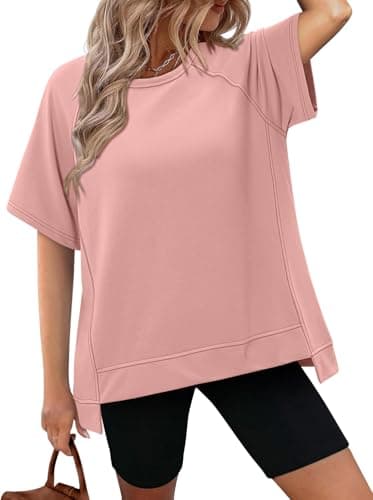 KISSMODA Womens Summer Tops Teen Girls Trendy Clothes Loose Fit Short Sleeve T Shirts 2025 Simply Teacher Tees Fashion Oversized Spring Roundneck Blouse-Pink-XXL - Image 3