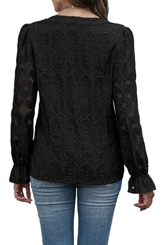Black Long Sleeve Shirts for Woman Dressy Casual Blouses Lace Eyelet Fall Tops 2025 Womens Fashion Going Out Date Night Outfits Embroidered L - Image 5