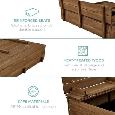 Best Choice Products Kids' Outdoor Wooden Sandbox Large, Cedar Wood with Foldable Bench Seats and Sand Protection, Bottom Liner Included - Walnut - Image 5