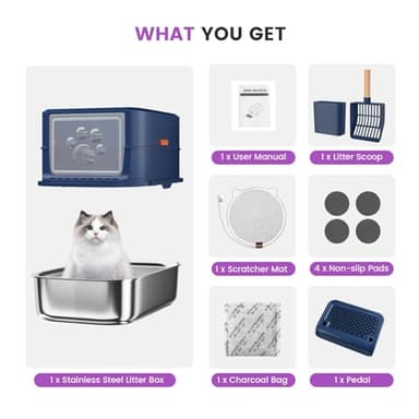 Stainless Steel Cat Litter Box with Lid - 3 in 1 Enclosed Cat Litter Box XL Extra Large Odor Control Covered Metal Litter Pan for Big Multiple Cats Includes Step, Scoop, Cats Scratcher Mat - Image 6