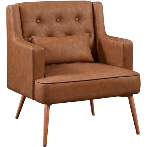 Yaheetech Accent Chair, Living Room Chair Mid Century PU Leather Armchair Lumbar Pillow, Comfy Upholstered Reading Chair Wood Leg Bedroom Lounge Brown - Image 1