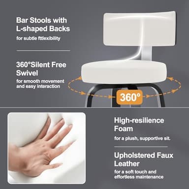 Bekrvio Swivel Counter Height Bar Stools Set of 4, 26” Seat Height Island Chairs Modern Kitchen Stools for Kitchen Counter, Faux Leather Upholstered Barstools with Back, Black Wood Legs and White Seat - Image 5