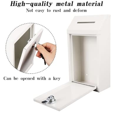 Metal Donation Box with Lock Ballot Box Drop Box with Lock Suggestion Box with Slot and Locks Metal Locks Boxs Comment Box Voting Box Key Drop Box for Home Office(White,10.24 x 5.71 x 2.95 Inch) - Image 5