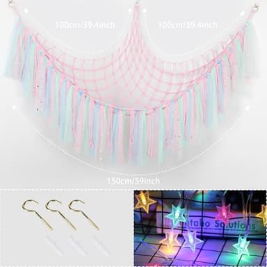 Stuffed Animal Hammock with LED Lights - 59 Inch Large Toy Storage Net for Kids Bedroom, Wall-Mounted Plush Organizer with Wooden Rings, Nursery Decor (Handwoven, Pink) - Image 2