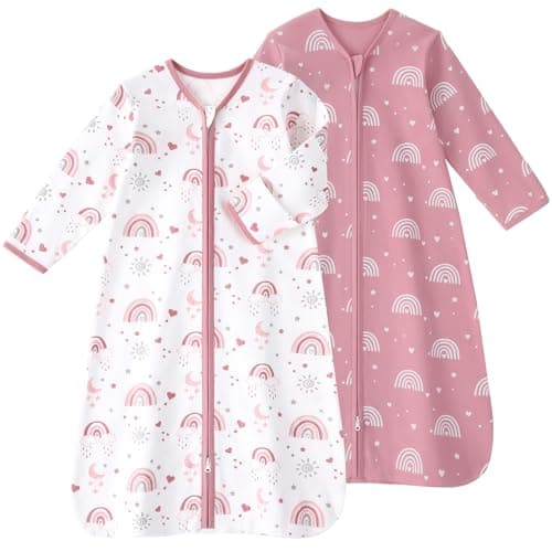 FIEMOL Baby Sleep Sack 18-24 Months, Long Sleeve Baby Wearable Blanket 0.5 Tog with Mittens, 2-Way Zipper Toddler Cotton Sleeping Sack for Boy and Girl Pink Rainbow 2 Pack(XLarge) - Image 1