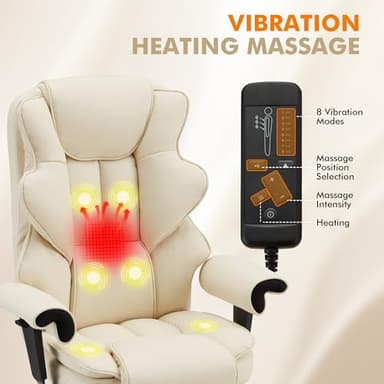 HOMREST 6-Point Massage Executive Chair,Heat Office Chair,Ergonomic Home Office Desk Chairs with Retractable Footrest and Reclining Function,Leather Computer Chair with Adjustable Armrest(Off White) - Image 6