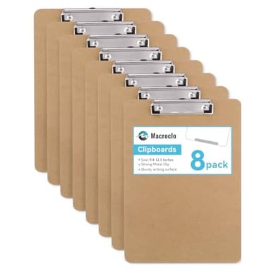 Macroclo Wood Clipboards Set of 8, Letter Size Hardboard Clip Board 8.5x11 for Classroom, Students, Kid, A4 Standard Size 9" x 12.5" with Low Profile Clip, Office & School Supply - Image 1