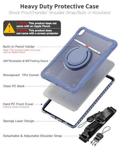 BRAECN for iPad (A16) 11th/10th Generation Case 11 inch 2025/10.9'' 2022 Handle Protective Cover 360 Rotating Ring Stand, Shockproof Dropproof Case for Kids Kickstand & Pencil Holder & Shoulder Strap - Image 3